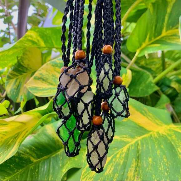 Hand Crafted Jewelry - Sea glass in black crocheted wrapped knotted necklace adjustable